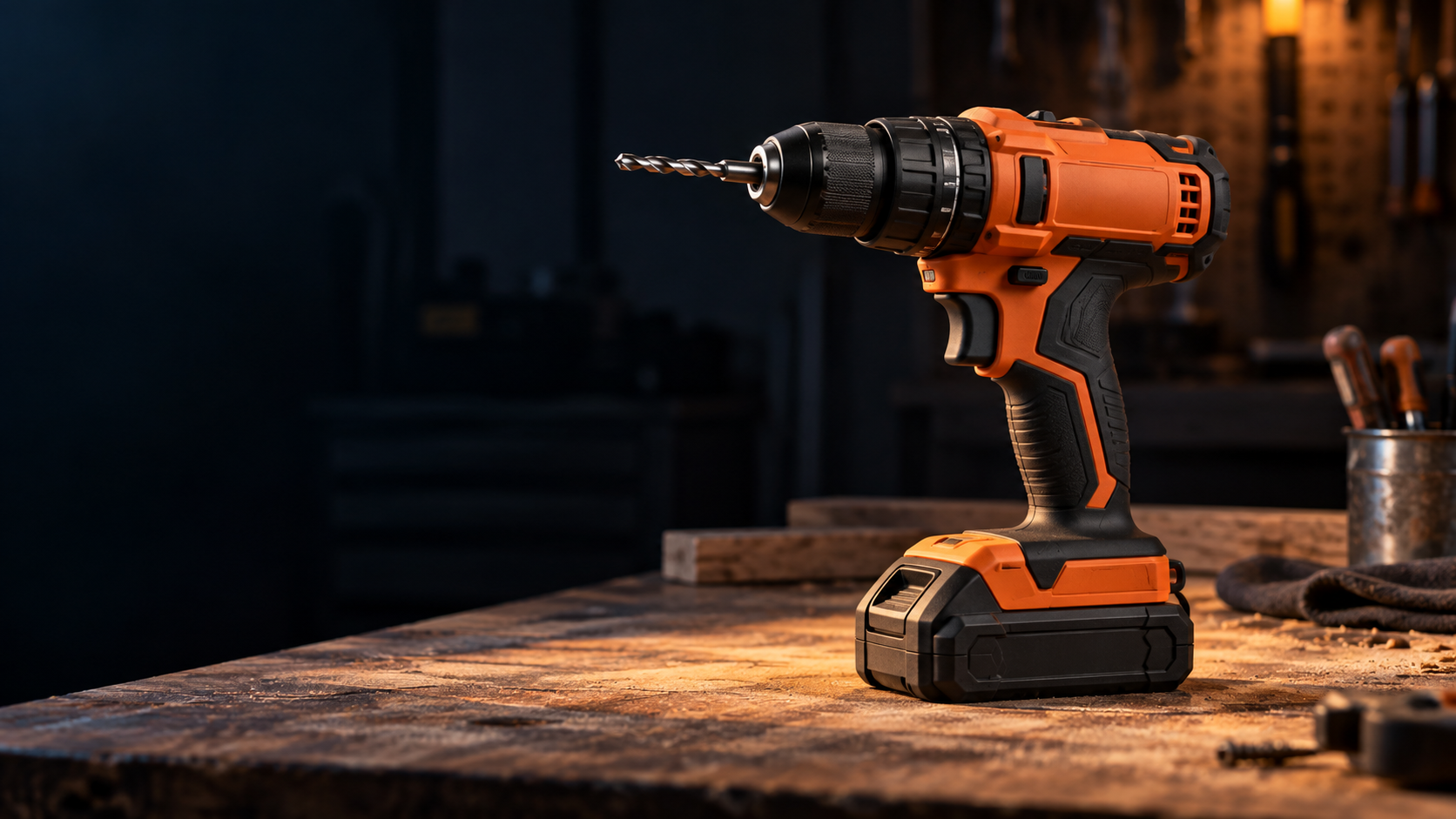 Cordless drill on a timber workbench