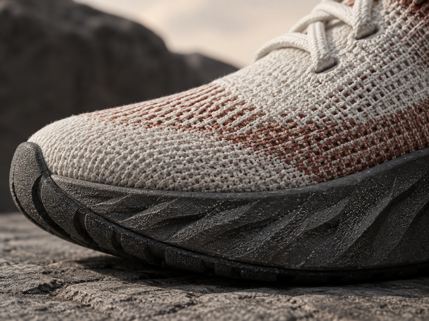Close-up of footwear knit and sole construction