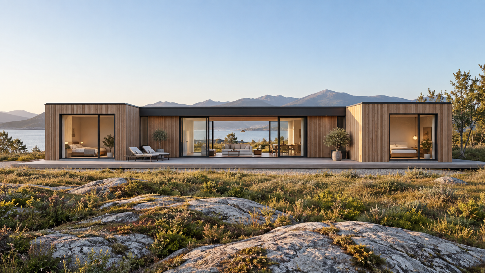 Modular timber home overlooking a coastal landscape