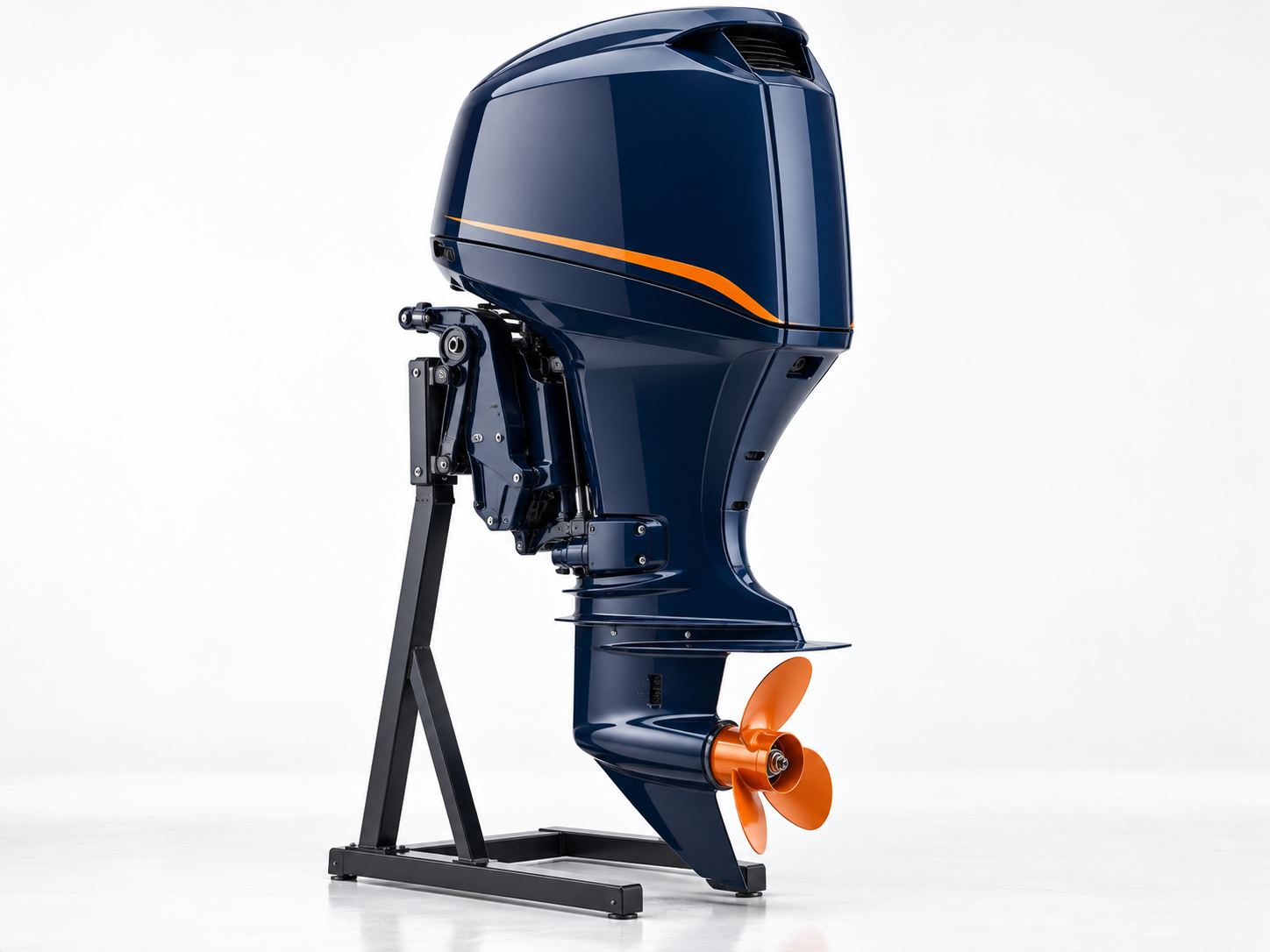 Navy outboard motor on a studio display stand