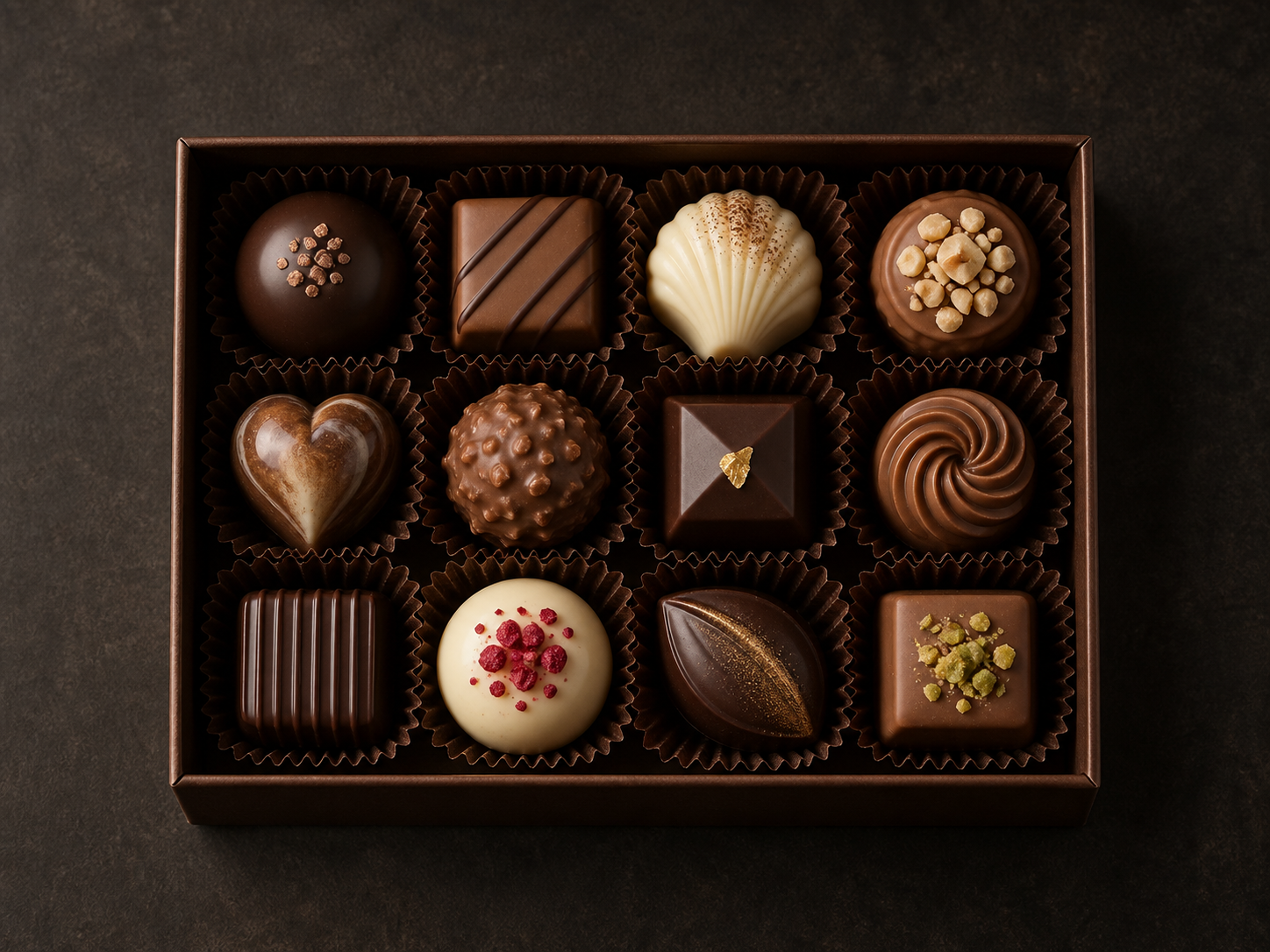 Open box of twelve chocolate pralines
