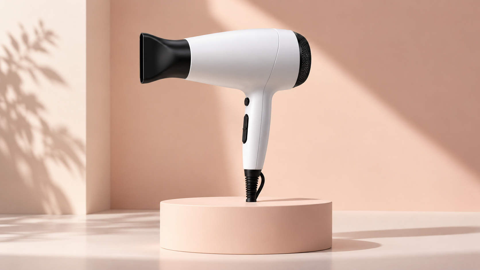 White salon hair dryer on a peach stage